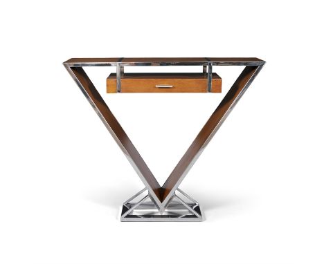 CONSOLEA chrome and teak console, with a single drawer, France, contemporary. 102 x 29.5 x 83cm (h)