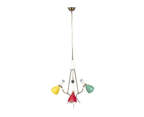 LIGHTA brass ceiling light, with three coloured enamel shades, Italy, c.1950. 96.5cm (h)