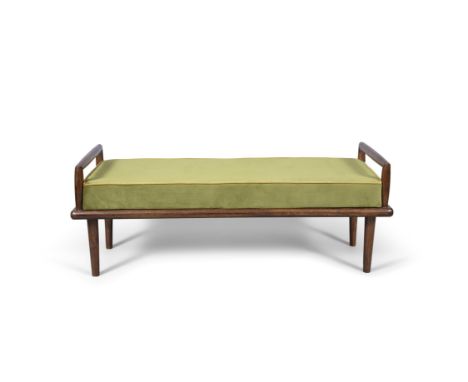 BENCHA mid-century bench with a green velvet upholstered seat, c.1960s. 130 x 55 x 43cm (h)