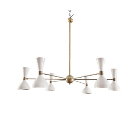 CEILING LIGHTA brass and enamel six arm sputnik ceiling light, Italy. 120 x 120 x 92 (h)