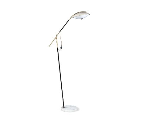 FLOOR LAMPA brass floor lamp with an enamel shade on a marble base. Italy, c.1950. 164cm (h)