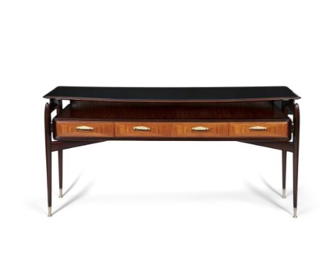 CONSOLEA rosewood console with four drawers, on tapering legs with brass feet and a glass top, Italy, c.1950. 193 x 44.5 x 93