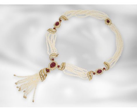 Collier mit Rubinen und Brillanten, gefertigt im Art déco Stil, insgesamt ca. 20ct, 18K Gold, UNIKAT: Ca. 45cm lang, ca. 90,1