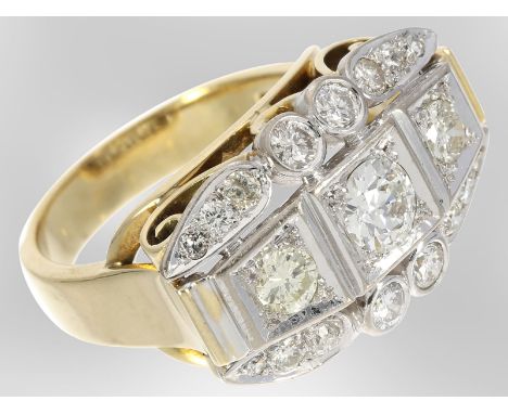 Ring: hochkarätiger Art déco Ring mit Brillanten und Altschliff-Diamanten, insgesamt ca. 1,6ct 14K Gelb-/Weißgold: Ca. Ø19mm,
