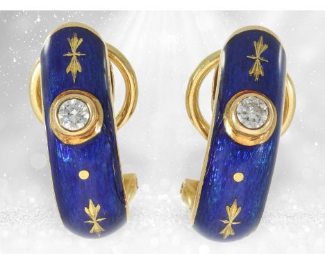 Limitierte Fabergé Ohrringe mit Emaille und Brillanten, No.13/300, limitierte Handarbeit: Ca. 19 x 6mm, ca. 7,4g, 18K Gold, r