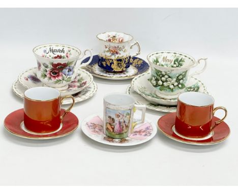 A collection of tea cups and saucers. A Hammersley &amp; Co gilt and flower motif pattern (damaged) a Royal Albert Anemones, 