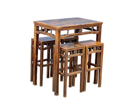 A vintage Chinese Elm table and 4 stools. 100x65x113cm 