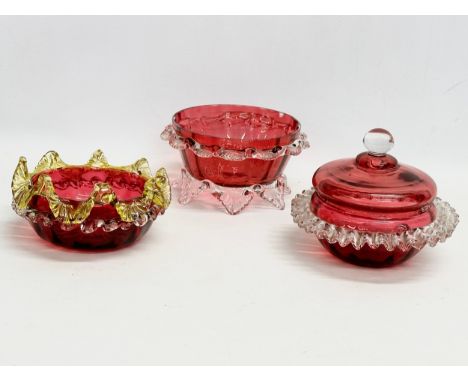 3 Victorian Ruby Glass bowls. 15x8cm 