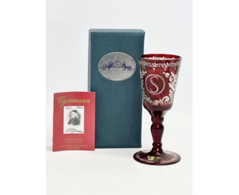 A vintage Egermann etched Ruby wine glass with box. 17.5cm 