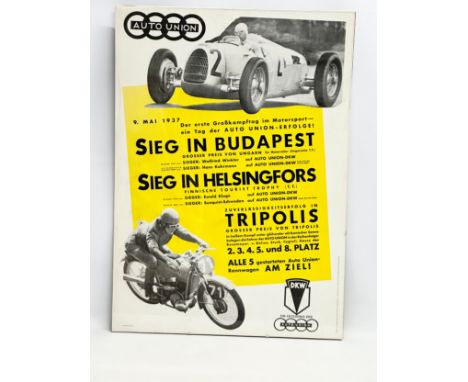 A 1989 reprint of the 1937 Auto Union racing poster. DKW. W-K-Verlag, West Germany. 50x70cm 