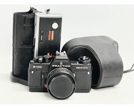 A vintage Praktica B-100 Electronic camera with case and. Minolta Autopak 460T with case. 