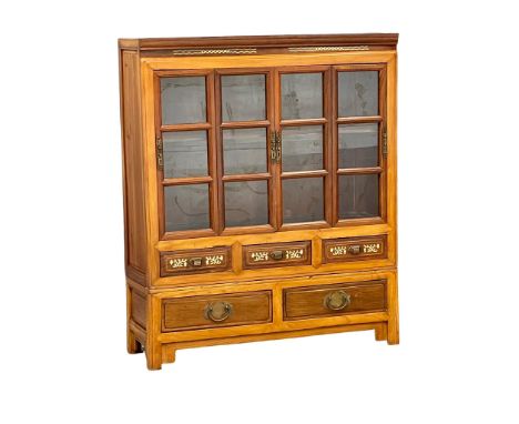 A vintage Chinese faux ivory inlaid and Elm side cabinet with 5 drawers and 2 glazed doors. 95.5x32.5x115cm 