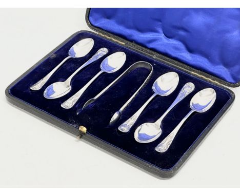 A set of silver tea spoons and tongs in case. Sheffield, 1903. 102 grams. 