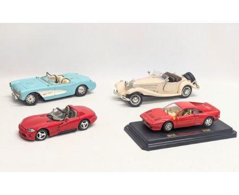 4 Burago model cars. "Dodge Viper RT/10," "Mercedes Benz 500K Roadster 1936," "Chevrolet Corvette 1957," and "Ferrari GTO 198