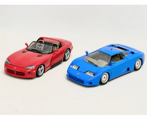 2 Burago model sports cars. A Burago Bugatti 110, 1:18 scale 24cm. A Burago Viper Dodge RT/10, 1:18 scale 25cm 