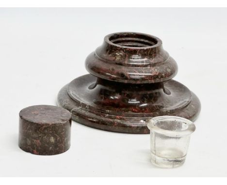 A late 19th century marble inkwell with glass liner and marble paperweight stopper. 15x10cm 