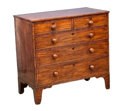A good quality George IV inlaid mahogany chest of drawers, with original Bun Handles on splayed bracket feet. Circa 1820. 110
