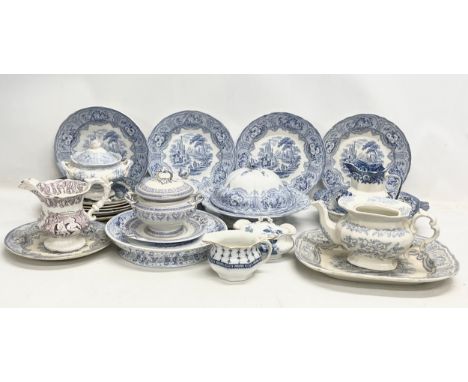 A collection of Georgian and Victorian blue and white dinner ware. Robert Cochran &amp; Co ‘Syria’ pattern, Spode ‘Italian Sc