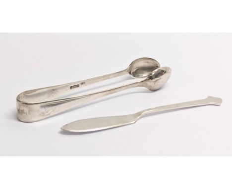 A pair of silver tongs with silver knife. Tongs weigh 27g 