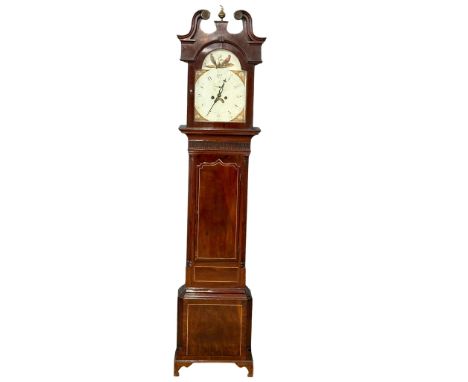 A George III inlaid mahogany long case clock with painted dial and reeded half columns on bracket feet. With weights and pend