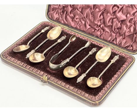 A set of silver apostle spoons and tongs in case. Birmingham. 80 grams. 