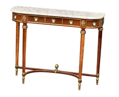 A Louis XV style simulated ambryna console table with brass ormolu mounts and marble top. 96x31xpp77cm 