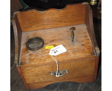 Early 20th Century oak smokers box with single drawer and fitted cigar cutter, together with a silver plated Ronson table lig