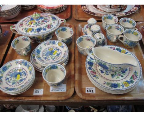 Two trays of Masons Ironstone regency pattern part tea and dinnerware items comprising cups, saucers, cruet set on stand, pla