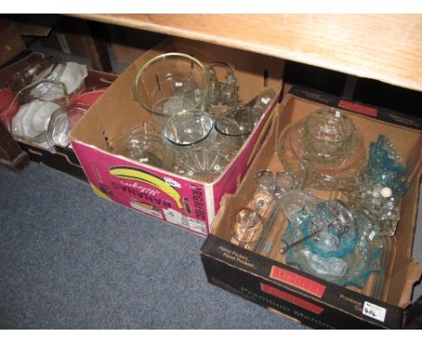 Three boxes of pressed glass ware items to include candlesticks, bowls, plates, casserole dishes, condiment set, decanter, fr