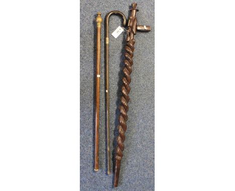 Military type walking stick, silver collared walking cane and barley twist carved African style walking stick.  (3)