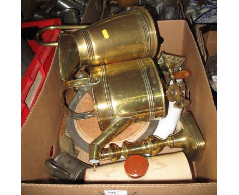 Tray of assorted metal ware and other items to include brass watering can and jug, pair of brass candlesticks, ceramic bed pa