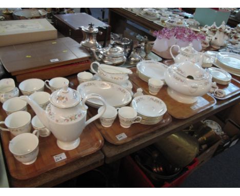 Five trays of Mayfair fine bone china Staffordshire tea and dinner ware items on a white ground with floral sprays comprising