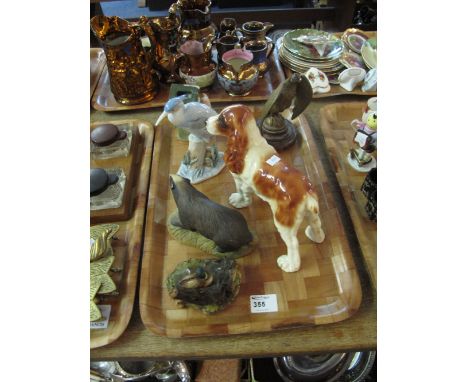 Tray of assorted mainly china to include ceramic study of a spaniel, German study of pigs, Aynsley Badger, brass eagle on woo