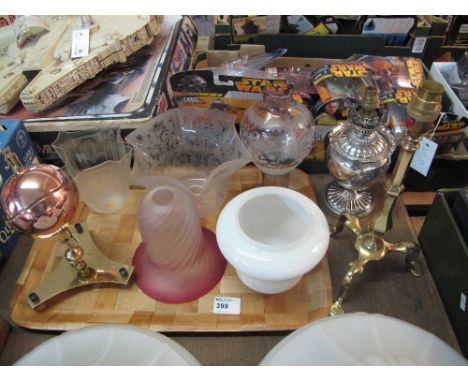 Tray of assorted items to include various etched glass ceiling light fittings, plain glass light fittings, silver plated oil 