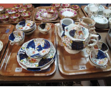 Two trays of 19th Century Gaudy Welsh tulip design part tea ware items comprising cups, saucers, plates, tea pot, sucrier etc