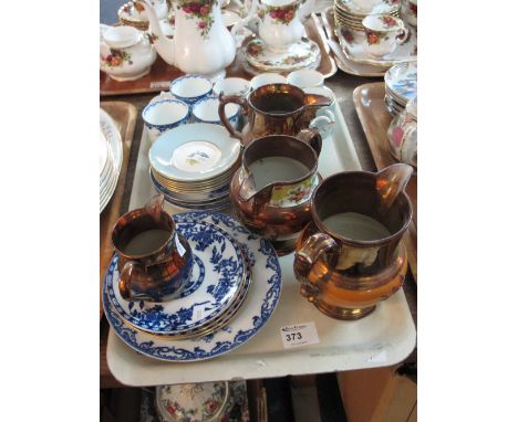 Tray of assorted china to include; various copper lustre dresser jugs, Royal Worcester woodland coffee cans and saucer, blue 