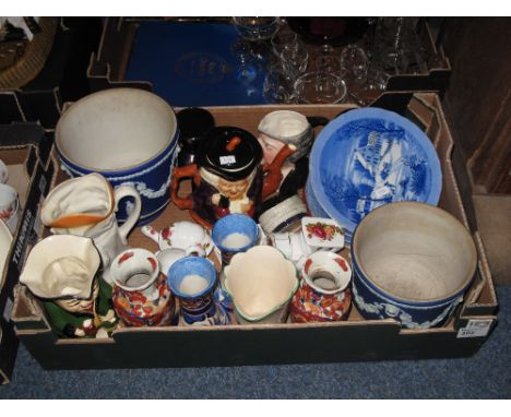 Tray of assorted china to include two similar 
Wedgwood blue and white planter decorated with classical figures and trailing 