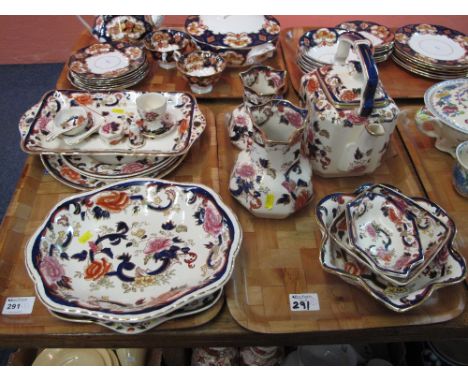 Two trays of Masons ironstone Mandalay items to include pouch shaped dresser jugs, tea pot, dishes, plates, egg cup, trinket 