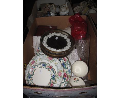 Tray of mainly china and glass to include Royal Cauldon Victoria part tea ware items comprising: cups, saucers, plates etc., 