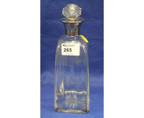 Glass tapering decanter and stopper with silver collar, London hall marked.