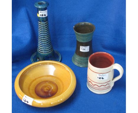 Ewenny pottery ribbed conical tapering candlestick or lamp base, Ewenny pottery waisted ribbed vase, Claypits Ewenny pottery 