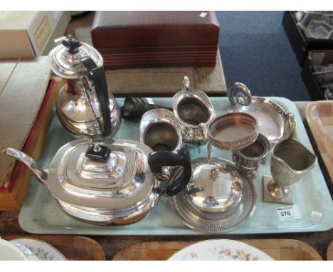 Tray of assorted metal ware to include Viners of Sheffield tea service, graduated set of piping cones, plated bottle coasters