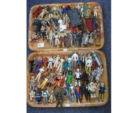 Two trays of vintage and other Star Wars figures to include Boba Fett, R2D2, C3PO, Darth Vader, Storm Troopers, Yoda, Han Sol