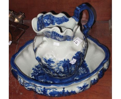 Blue and white transfer printed china jug and basin.  (2)