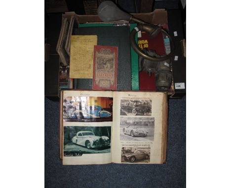 Tray of assorted vintage car and other ephemera to include; an album of motor cars cigarette cards (various) albums containin