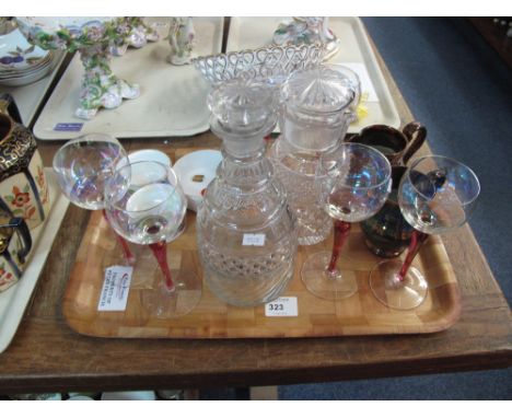 Tray of assorted china and glass to include Royal Worcester Evesham oven to table ware ramekins, copper lustre dresser jugs, 