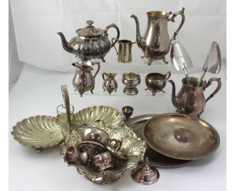 A mixed lot of plated items to include a four-piece tea service, tray, cruet pieces etc.