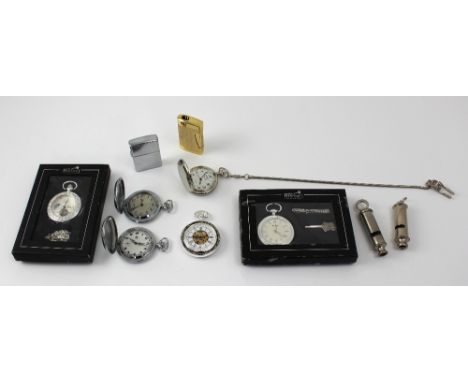 A collectors' lot to include a Zippo lighter, a boxed Ronson lighter and six reproduction white metal pocket watches.