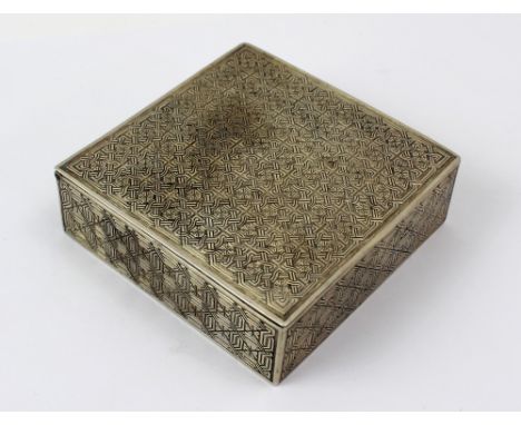 A Silver box with Eastern engine-turned decoration, marked 84 and character marks to base, 9 x 9cm, approx 5.7ozt.