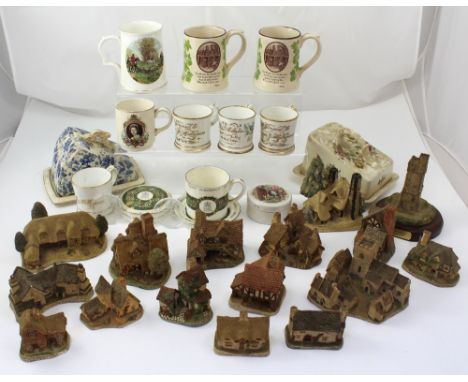 A mixed lot of ceramics to include commemorative mugs, cheese covers, trinket box etc, also a collection of David Winter mini